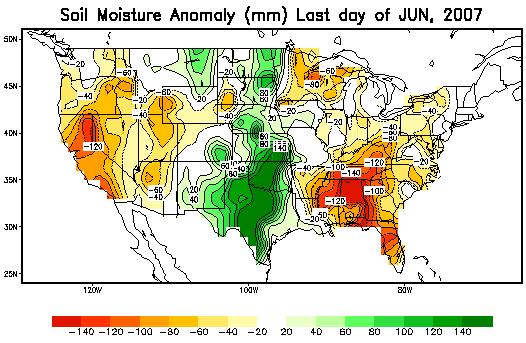 Figure 14b: Soil moisture anomalies as of June 30, 2007, relative to 1971-200- climatology. (CPC also shows maps of anomalies in terms of percentiles.