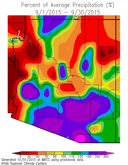 Arizona. The cold bullseye in southern Gila County is an error, likely due to a recent change in the sensor location.