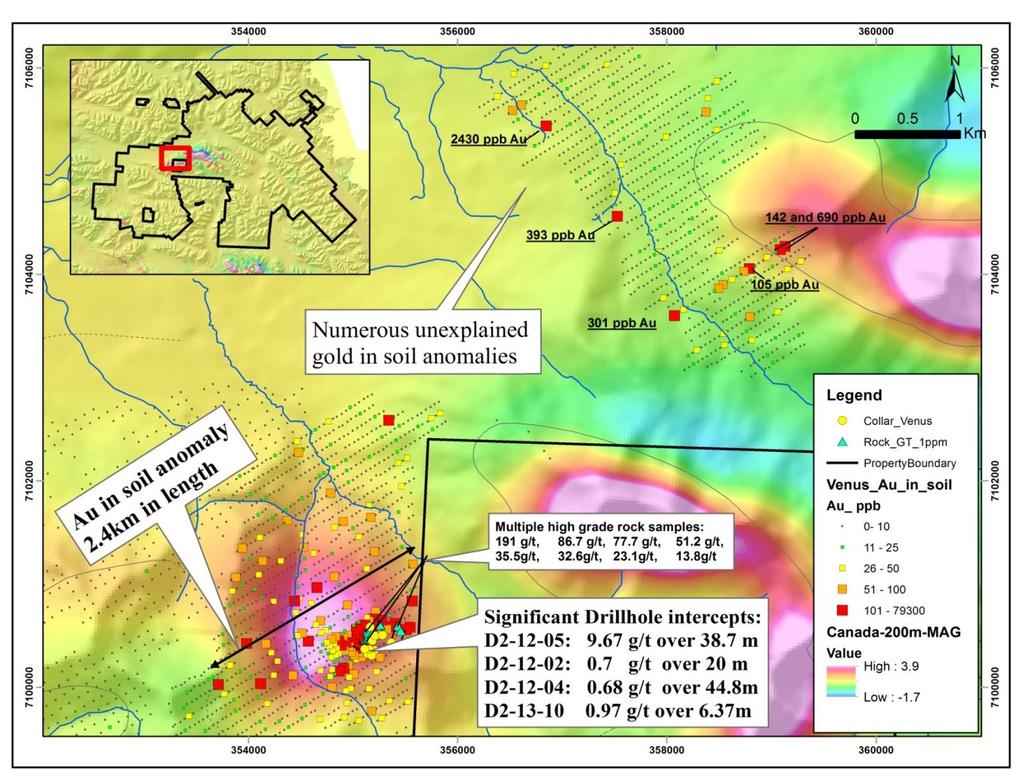 Venus Zone Highlights Gold mineralization hosted in dolomite unit of the Algae Lake Formation, Hyland Group Spatially related to NE highangle structures Strong Au-As-Sb-Tl-Hg anomaly, extends 2.