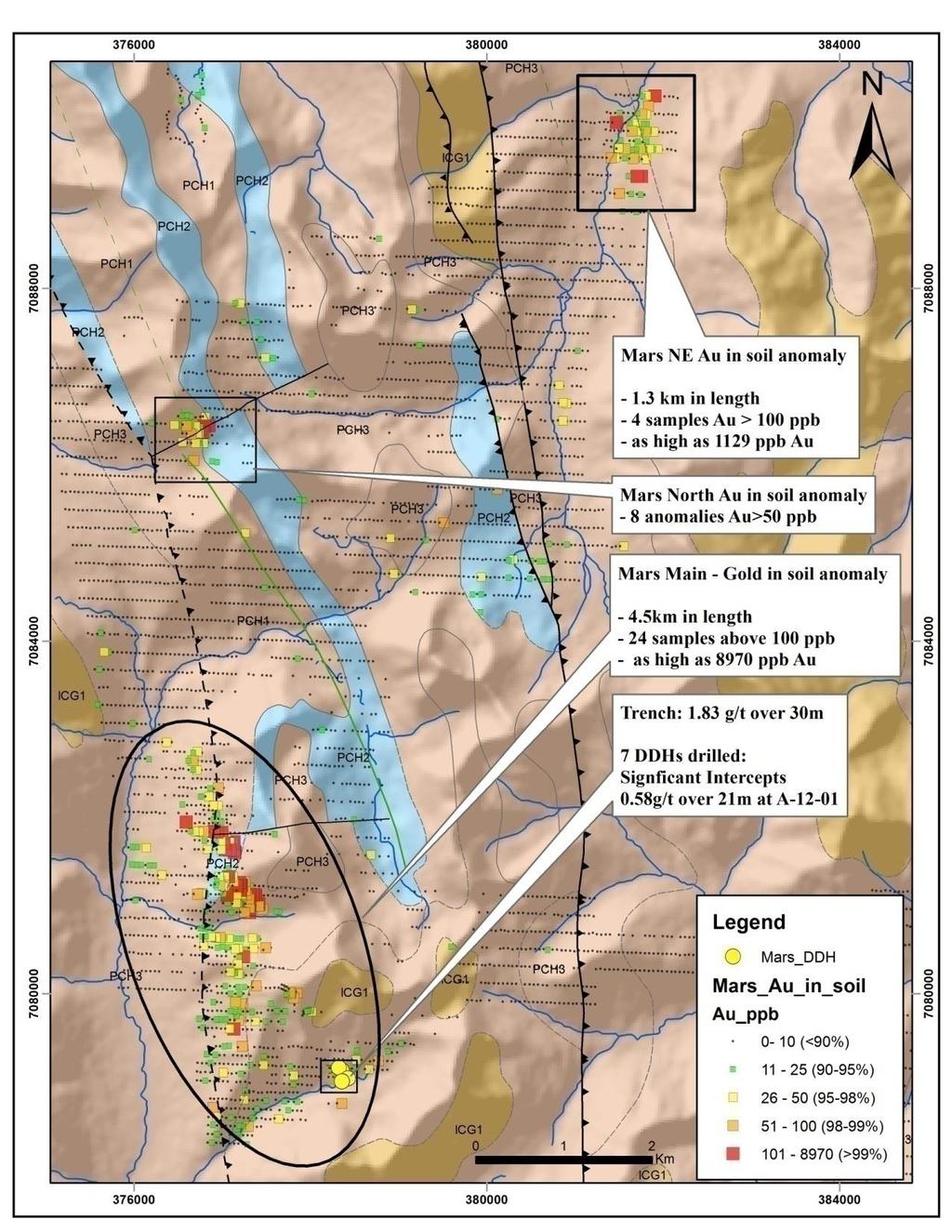 Mars Zone Highlights Gold mineralization hosted in shale and siltstone, silty sandstone, lithologies of the Narchilla Formation 10 km by 500 m east dipping structural zone hosting a significant Au in