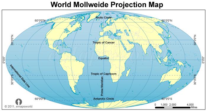 2 More Map Projections oval projection maps: uses a combination of cylindrical and conic projections such as the Molleweide projection; it is good for showing data distribution;