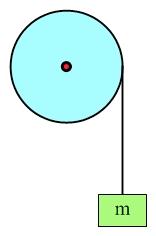 36. The pulley shown in Figure 11.28 has a mass M = 2.0 kg and radius R = 50 cm, and can be treated as a uniform solid disk that can rotate about its center.
