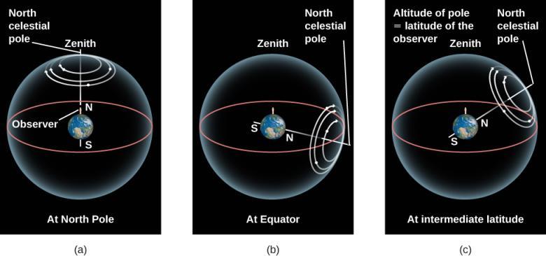 FIGURE 2.5 Star Circles at Different Latitudes. The turning of the sky looks different depending on your latitude on Earth. (a) At the North Pole, the stars circle the zenith and do not rise and set.