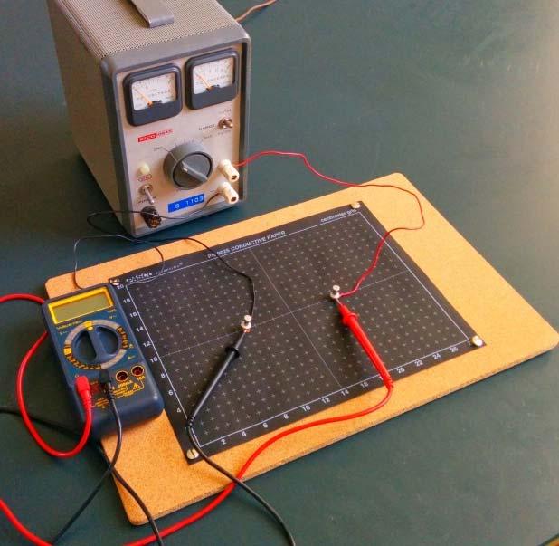 Experiment Setup: The equipment used and the experimental setup is shown in Figure 2. Notice that in the figure the multimeter probes are shown lying on the conducting paper.