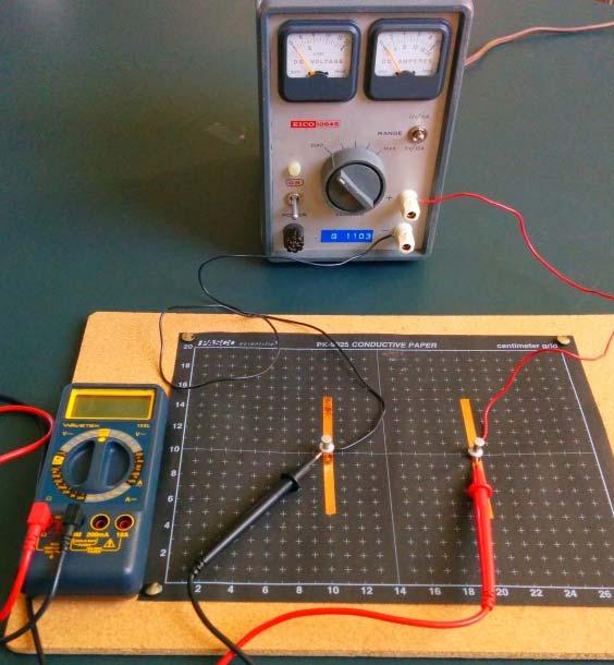 Figure 2: Setup for the Mapping the Electric Potential and Electric Field experiment showing the multimeter, D.C.
