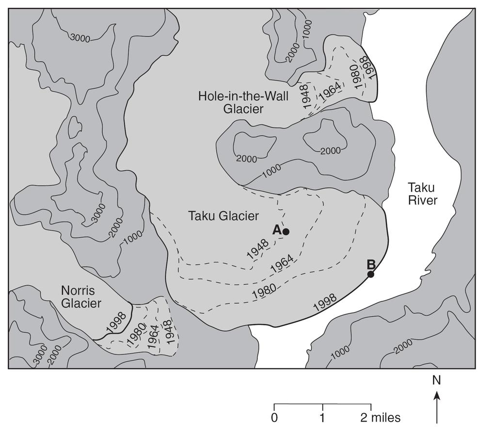 15. Base your answer to the following question on the topographic map below, which shows three glaciers found in Alaska.