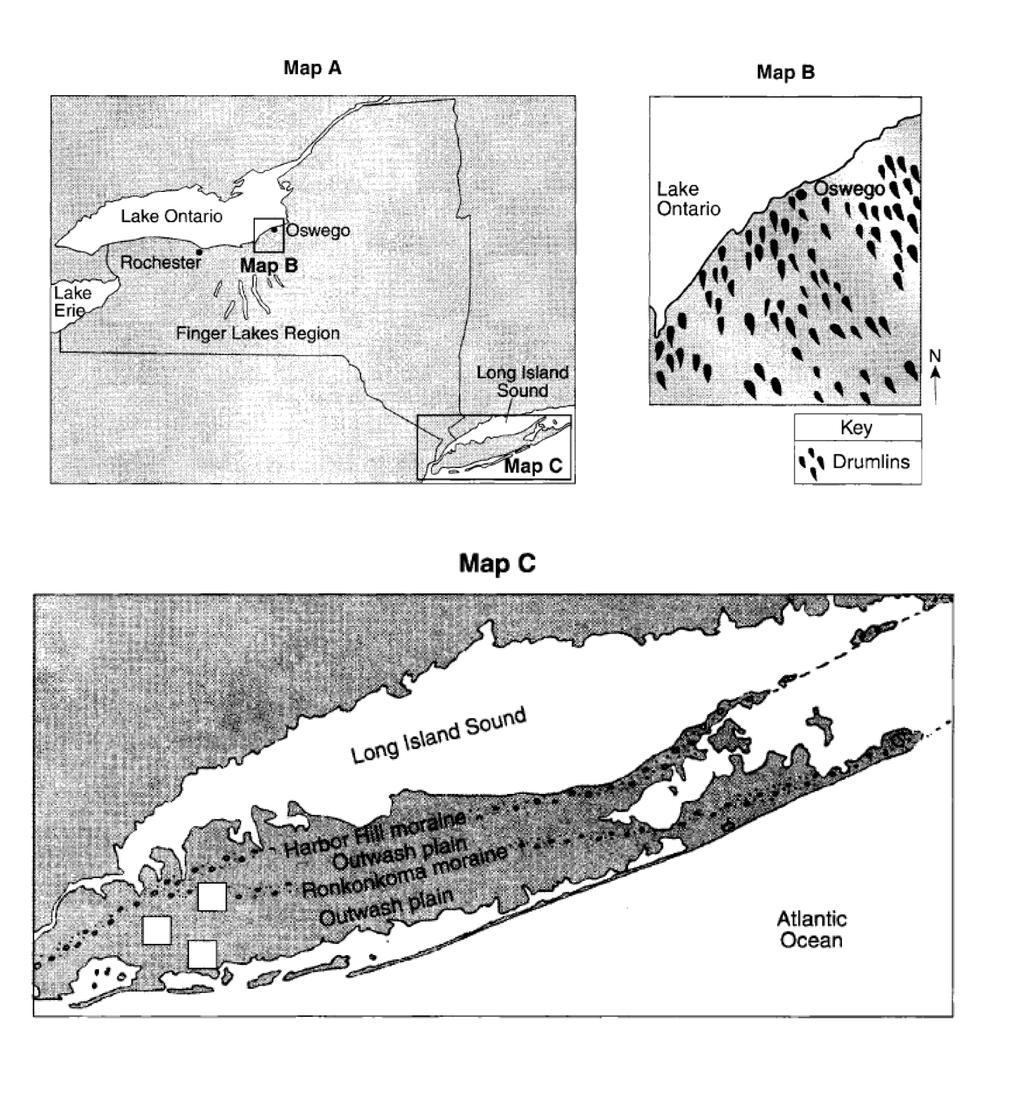Base your answers to questions 22 and 23 on map A and map B, and map C below, which show evidence that much of New York State was once covered by a glacial ice sheet.