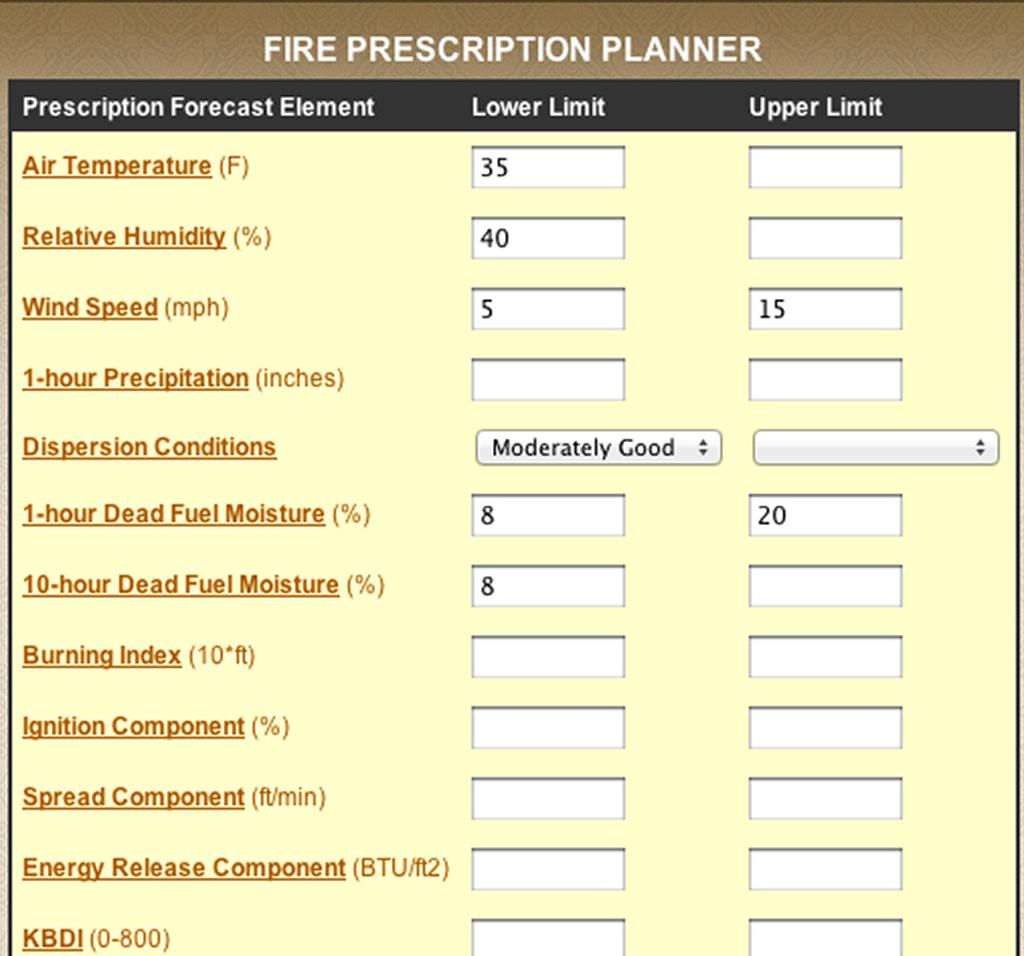 MESONET IN PICTURES OK-FIRE - Fire Prescription Planner The Fire Prescription Planner allows you to input your own fire prescription criteria to see if any windows of