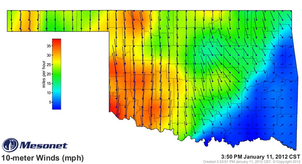 From the Mesonet homepage, click on Weather in the top menu bar, then click on Wind in the sidebar on the left, and click on the Gradient-Filled Wind map.