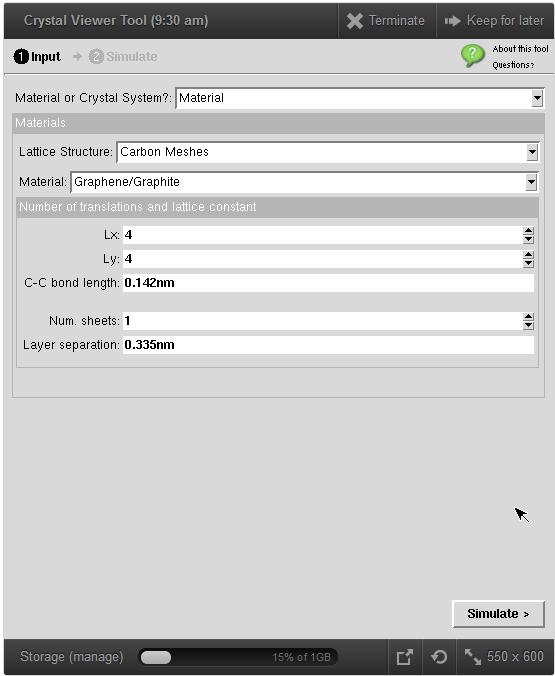 Figure 2: Graphene Parameters Once you have selected these parameters, click on the Simulate button, and wait a moment for the simulation to complete and send you the structure, which will look like