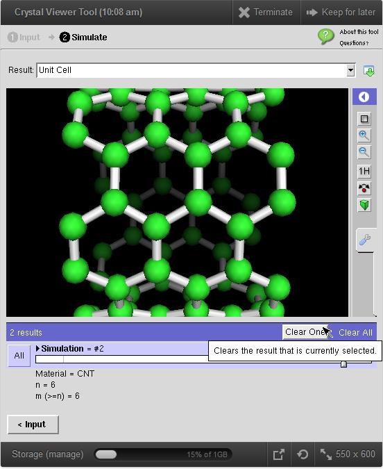 Figure7. Carbon Nanotube Simulation Window without rescaling To rescale the CNT to fit the windowbetter, use the Zoom Out control.