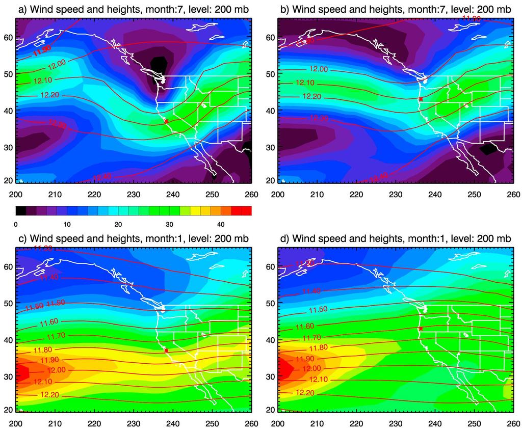 Figure 11. Spatial pattern of the long-term mean (1953 2010) 200 mb wind speeds (filled contours) and geopotential heights. Each field is weighted by daily precipitation totals from one western U.S. location, indicated by the red asterisk: (a and c) central California and (b and d) southern Oregon.
