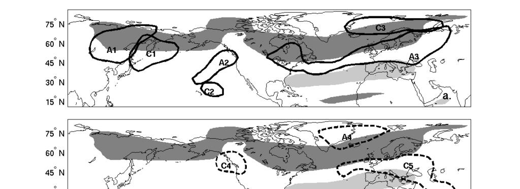 (b) same as (a) except for γ c (frequency of cyclonic RWB) versus the NAMI. Figure 6: Bold contours show regions where RWB strongly influences the NAMI (additional details in text).