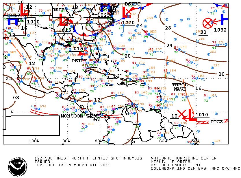 Figure 2 NHC surface map for 9:00 am, Friday, July 13, 2012, showing a TW in the western Atlantic heading westward at 15 mph. A dissipating surface low is evident over the NE Gulf of Mexico.