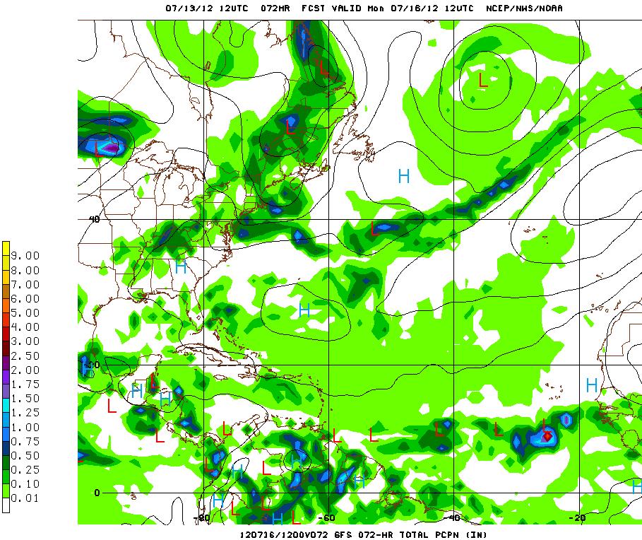 Figure 5 GFS model 72-hr vorticity projection at 850 mb (5,000ft), valid for 6:00 am Monday, July 16, 2012, showing