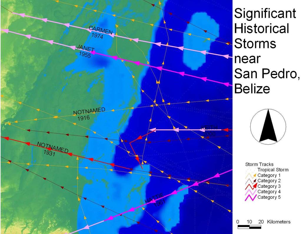 Figure One: Tropical Cyclone tracks in the vicinity of San Pedro, Belize Table One shows the expected events for 10, 25, 50, and 100-year events at 50%, 75%, 90%, and 95% prediction limits, for