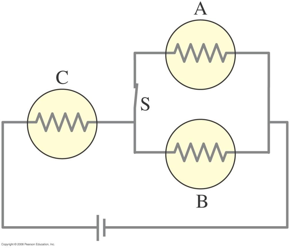 26-2 Resistors in Series and in Parallel Conceptual Example 26-6: Bulb brightness in a circuit. The circuit shown has three identical light bulbs, each of resistance R.