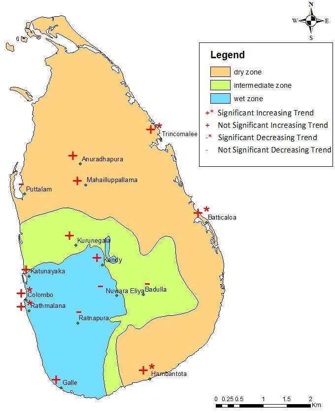 There are few noticeable consequences of the significance of the trends of Maximum 5-day Rainfall (Rx5day) in Sri Lanka from 1981 to 2010 as illustrated in Figure 1.