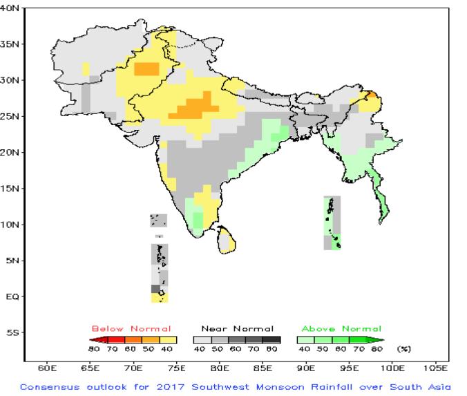 Verification of consensus outlook statement of 2017: Fig.2 Consensus outlook map of SASCOF10 for 2017 Southwest Monsoon Rainfall over South Asia. Fig.3* The observed rainfall anomaly during 2017 Southwest Monsoon Season over South Asia.