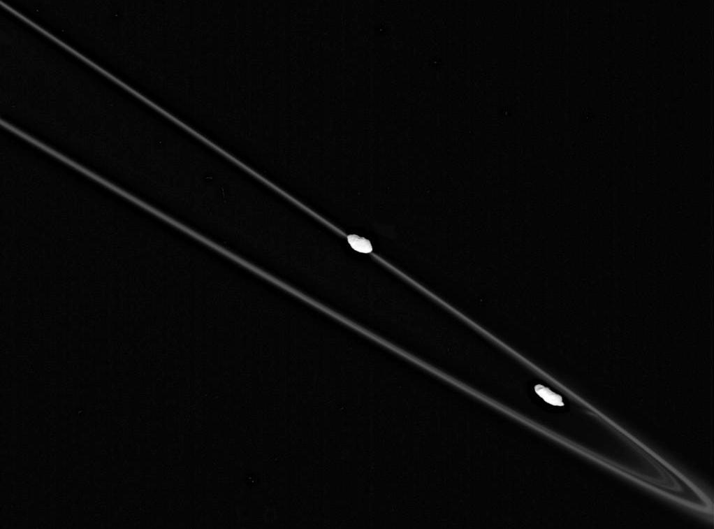 close-up of the F ring and two shepherds.