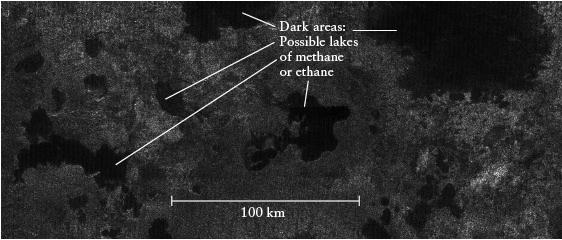 Titan's Surface Cassini s radar image indicates lakes of ethane (C 2 H 6 ) near Titan s north (shown) and south poles, with