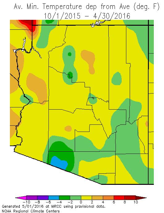 2016 Water Year The Water Year minimum temperatures are still within 2 o F of normal across most of the state with the highest departures above normal in southern Mohave County, and the greatest