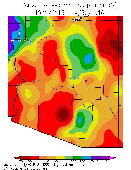 Precipitation is above normal on the Colorado Plateau, in eastern Coconino and central Navajo counties, as well as in central Pinal and eastern Pima counties.