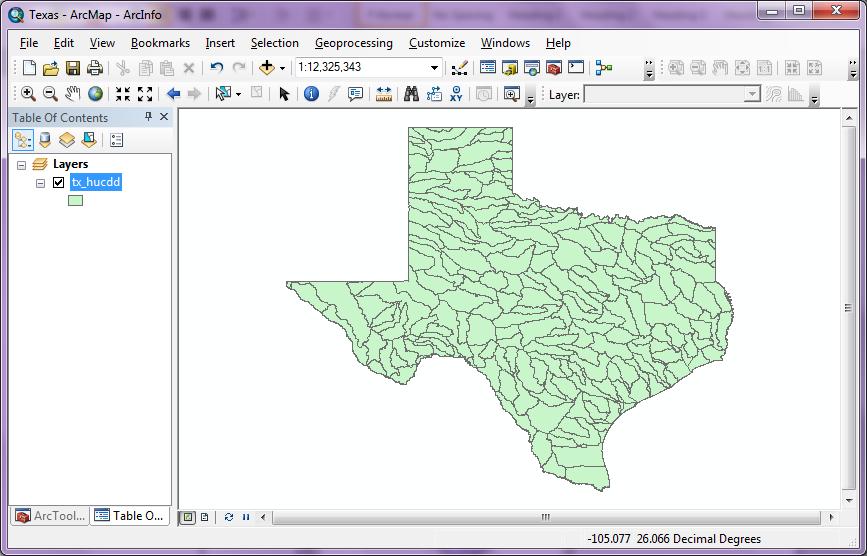 (1) Open a new ArcMap document and save the document as Texas.mxd in the working folder. (2) Once you have saved the document, add tx_hucdd.shp to a data frame in the ArcMap document.