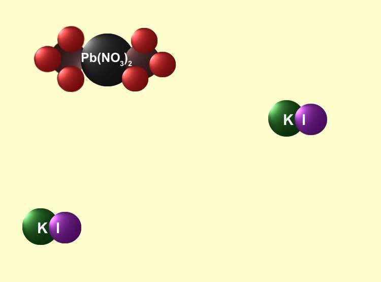 Double Displacement of Lead and Potassium Pb(NO 3 ) 2(aq) + 2 KI (aq) PbI 2(s) + 2KNO 3(aq)
