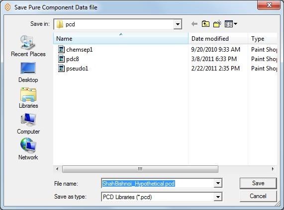This will bring up the file save window where we give the file a name and find somewhere to save it: ChemSep pure compound data banks use the extension pcd.