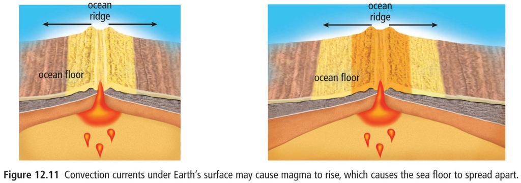 512 Less dense magma (liquid rock) rises at a spreading ridge and hardens forming new ocean floor earth s magnetic