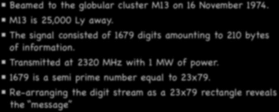 The Arecibo message Beamed to the globular cluster M13 on 16 November 1974. M13 is 25,000 Ly away.