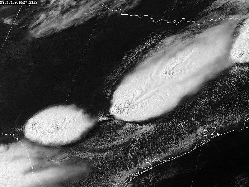 Texas Tornados Visible imagery shows location of overshooting tops, anvil spreading, and storm motion.
