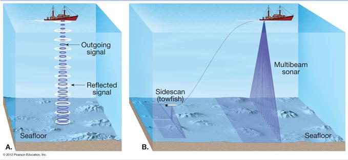 Mapping the ocean floor Bathymetry measurement of ocean depths and the charting of the shape or topography of the ocean floor Echo sounder (also referred to as sonar) Invented in the 1920s Primary