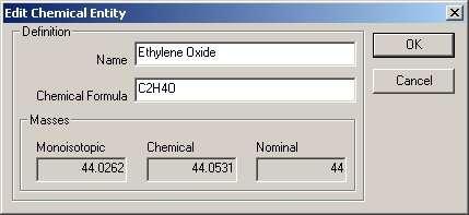 In this case, click the New button, and the Edit Chemical Entity dialog will be displayed: 5. Enter a name for the monomer and supply the chemical formula (in proper chemical nomenclature).