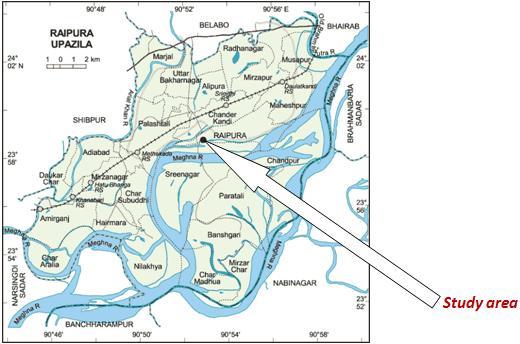 Figure 2.1: Study area at Siri Dam in Raipur Upazela, Mymansingh District, Bangladesh. Figure 2.2: Cross section of The selected embankment dam (water development board) 2.