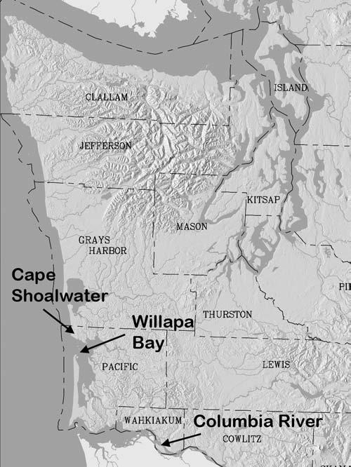 Figure 2, western Washington showing the coast. The study area for this exercise is located along the coast at the north edge of Willapa Bay. Image from http://www.ecy.wa.