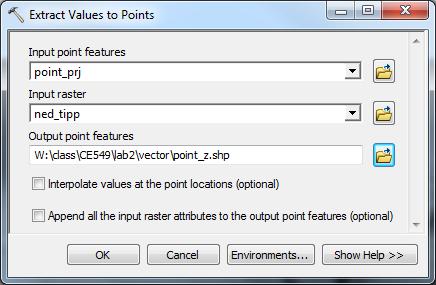 shp as input features, ned_tipp as input raster and save the output features in points_z.shp. Click OK. After the process is complete, points_z.shp will be added to the map document.