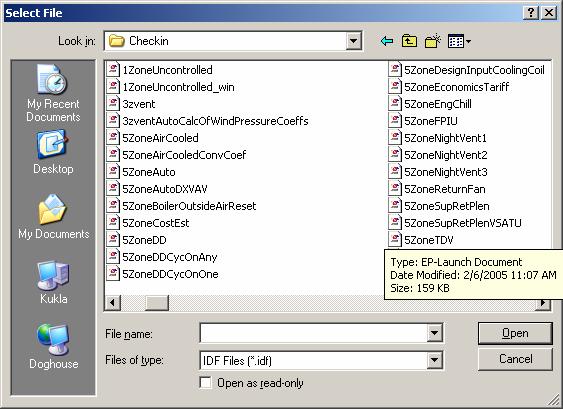 WINEPDRAW INTRODUCTION Figure 15. Dialog for WinEPDraw File Selection Select one and it will be read in and a DXF file will be produced in the same folder as the original IDF file.