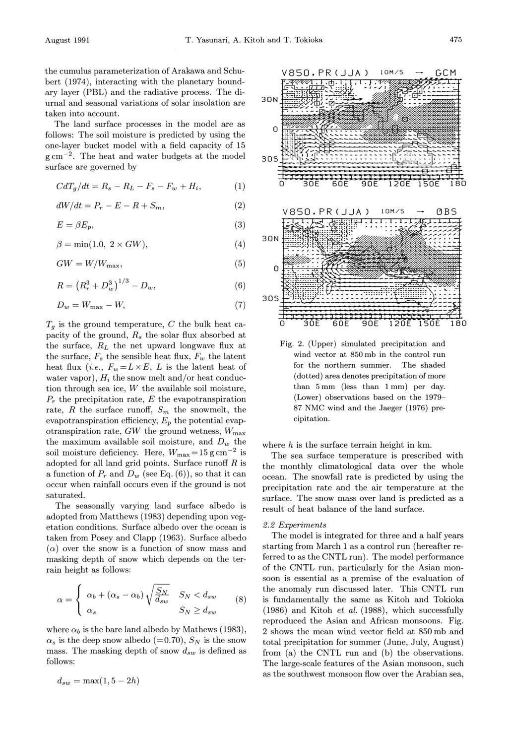 August 1991 T. Yasunari, A. Kitoh and T. Tokioka 475 the cumulus parameterization of Arakawa and Schubert (1974), interacting with the planetary boundary layer (PBL) and the radiative process.
