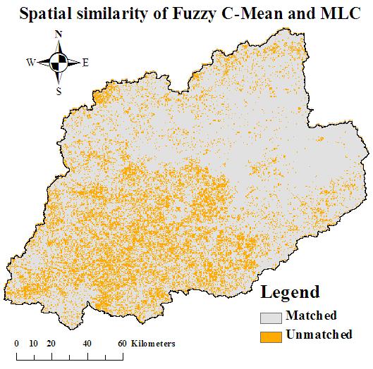 Spatial similarity from the outputs of MLC and Fuzzy C-Mean was carried out for each of the landuse classes. 83% of the area has matched i.e. 83% of area is same for both the type of classifications; only 17% of the area has not matched or is different (Figure 4).