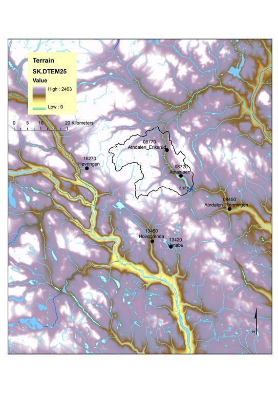 Atnasjø catchment Areal precipitation Reference 08450 08720 08770 13420 Name Rønninngen Atnasjøen Eriksrud Venabu Altitude (m) MAP (mm/year) 535 749 731