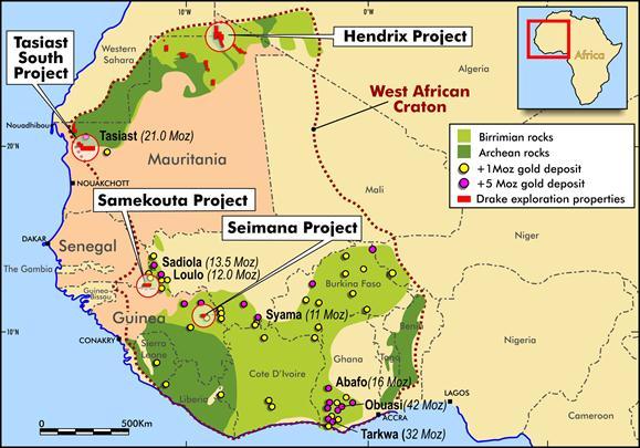 Drake s large landholding for gold in Mauritania The West African Craton a proven major gold province which is demonstrated to extend into Mauritania Drake has a significant holding of >11,000km2 in