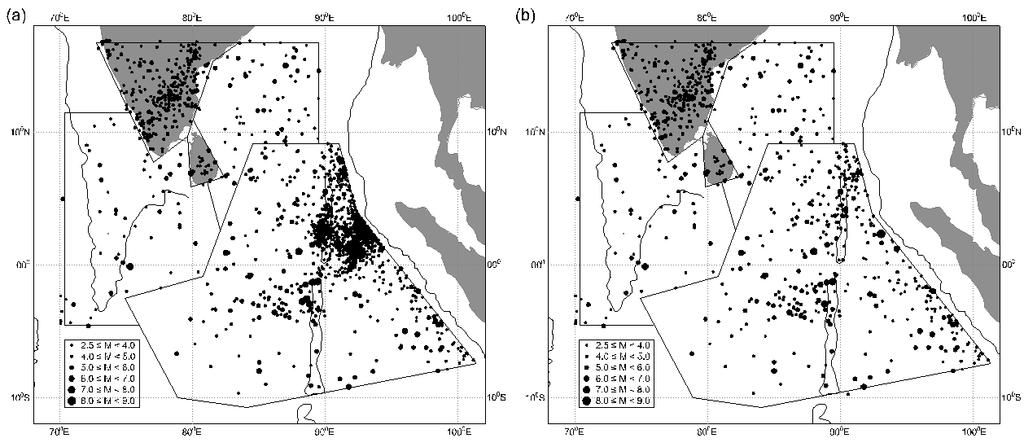 3 and 4 characterize regional intraplate seismic activities outside Sri Lanka, while 5 and 6 are based on sparse local seismicity within the country. 2.