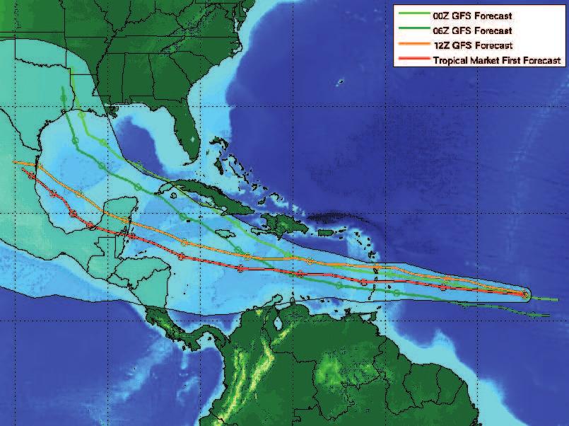 The tracks for the 0000, 0600, and 1200 UTC GFS runs are shown, along with the predicted 1200 UTC GFS run and associated cone of uncertainty. Figure 4.