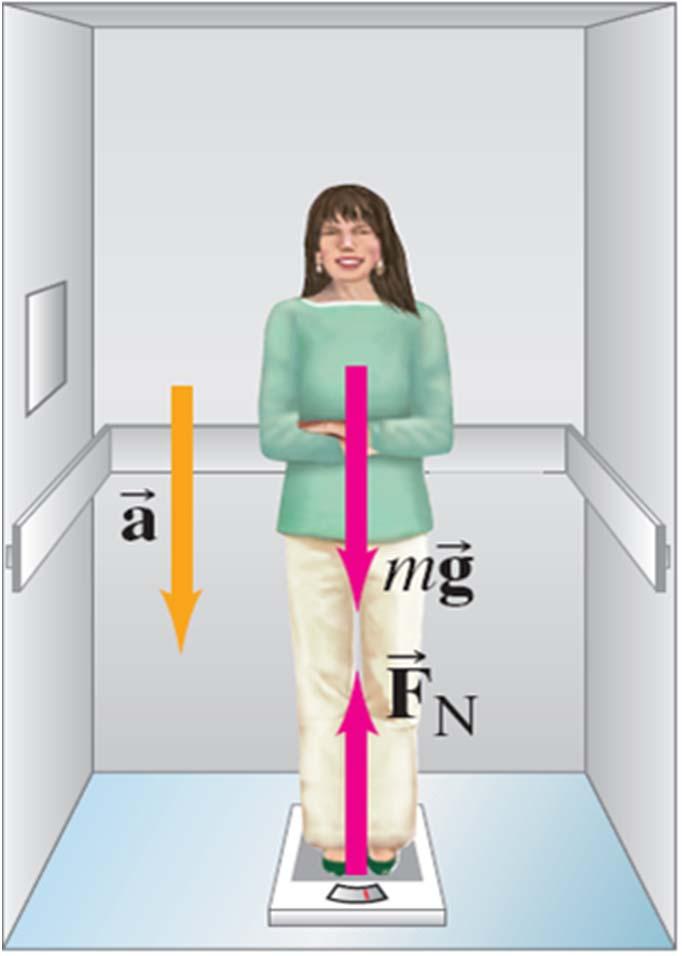Example 4 8: Apparent weight loss. A 65 kg woman descends in an elevator that briefly accelerates at 0.20g downward.