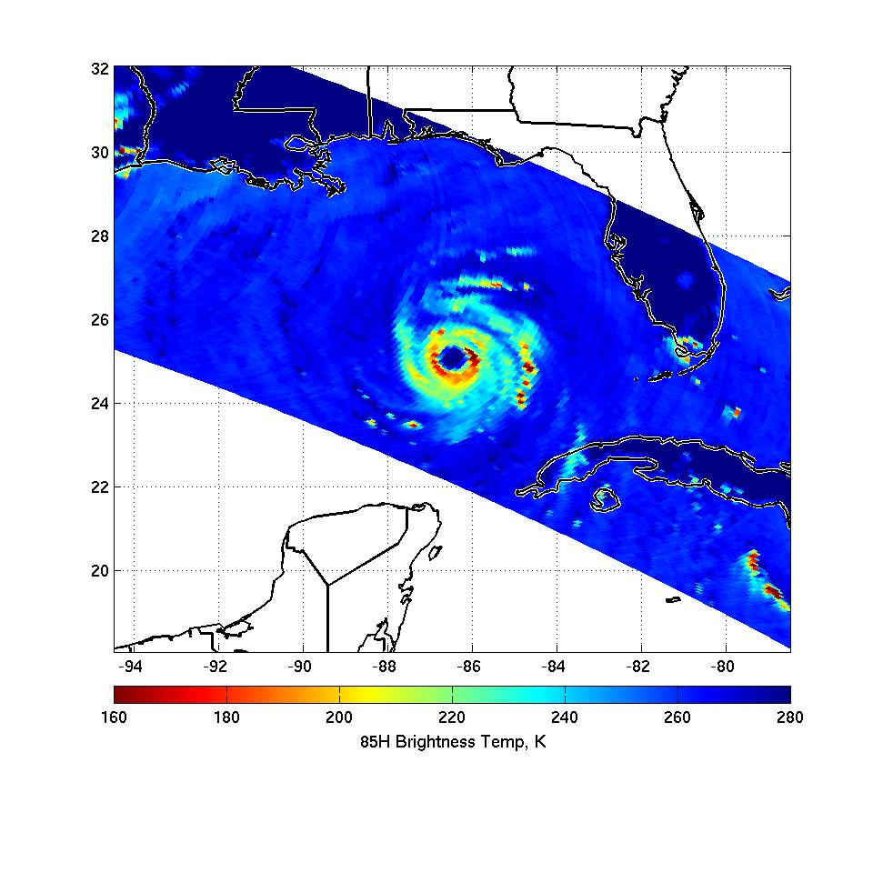The color microwave imagery displays Katrina with an intense single eyewall.