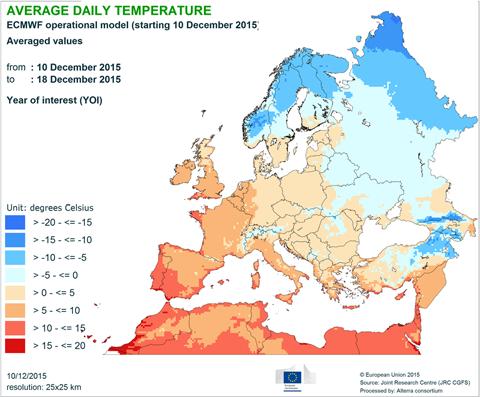 and south-eastern Europe. Lower minimum temperatures (below -10 C) are expected in the Scandinavian Peninsula, Russia and the eastern coast of the Black Sea.