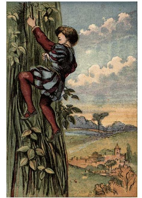 So one fine morning, he got up early, and went on to the beanstalk and he climbed, and he climbed, and he climbed, and he climbed, till at last he reached the sky.