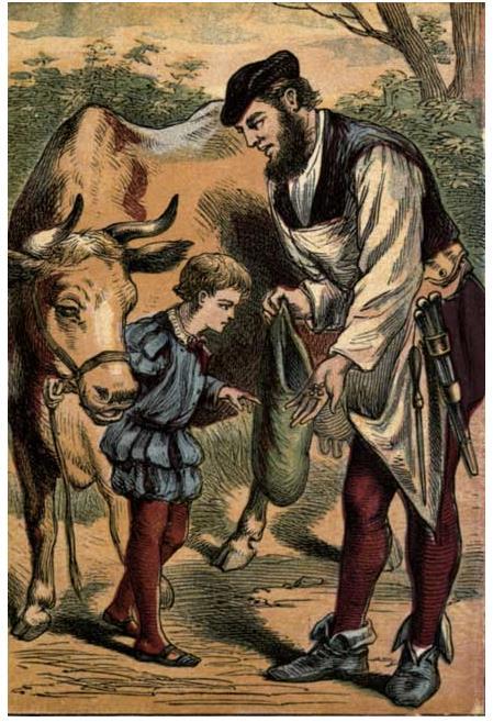 "Good morning to you," said Jack, and wondered how he knew his name. "Well, Jack, and where are you off to?" said the man. "I'm going to market to sell our cow.